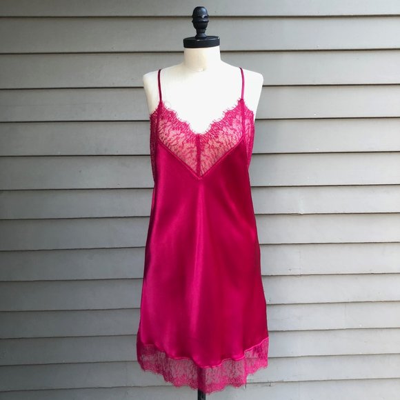 NWOT New 100% Silk Pink Red Lace Criss Cross Chemise Negligee Full Slip Dress M - Picture 5 of 17
